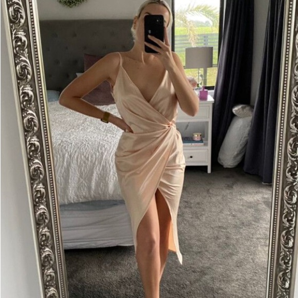 House of CB Coco Beige Satin Draped Dress in Nude